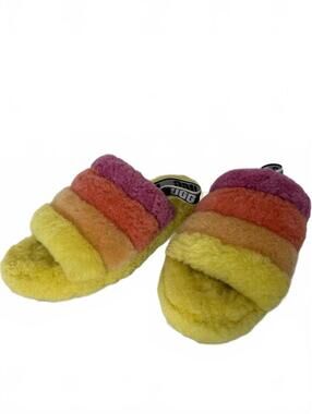 UGG Fluff Yeah Slide Stripes Rainbow Yellow Sheepskin Women's Size 12 1097169